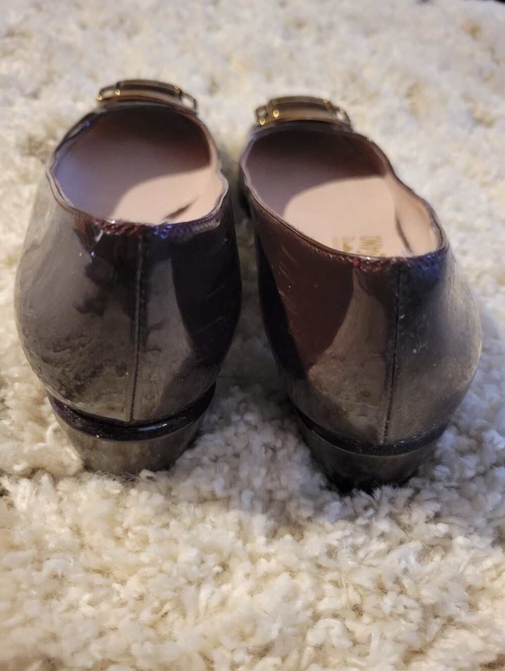 Salvatore Ferragamo Dark Brown Patent Leather Flats with Gold Buckle - Picture 15 of 16